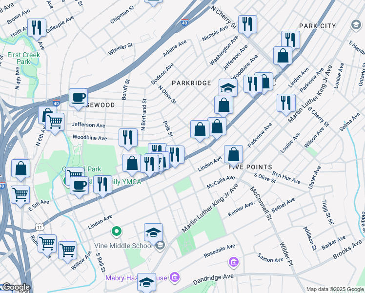 map of restaurants, bars, coffee shops, grocery stores, and more near 2043 East 5th Avenue in Knoxville