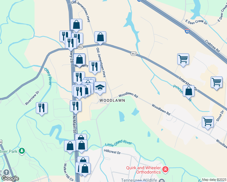 map of restaurants, bars, coffee shops, grocery stores, and more near 15 Five Oaks Drive in Crossville