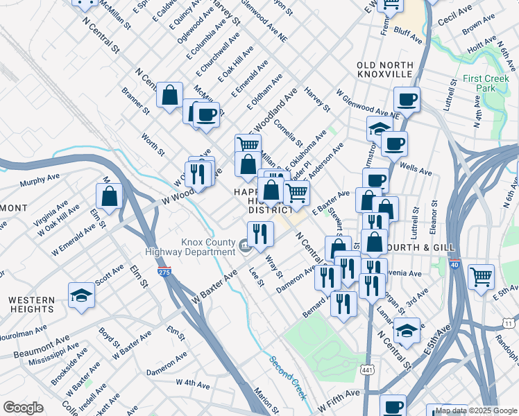 map of restaurants, bars, coffee shops, grocery stores, and more near 116 West Oklahoma Avenue in Knoxville