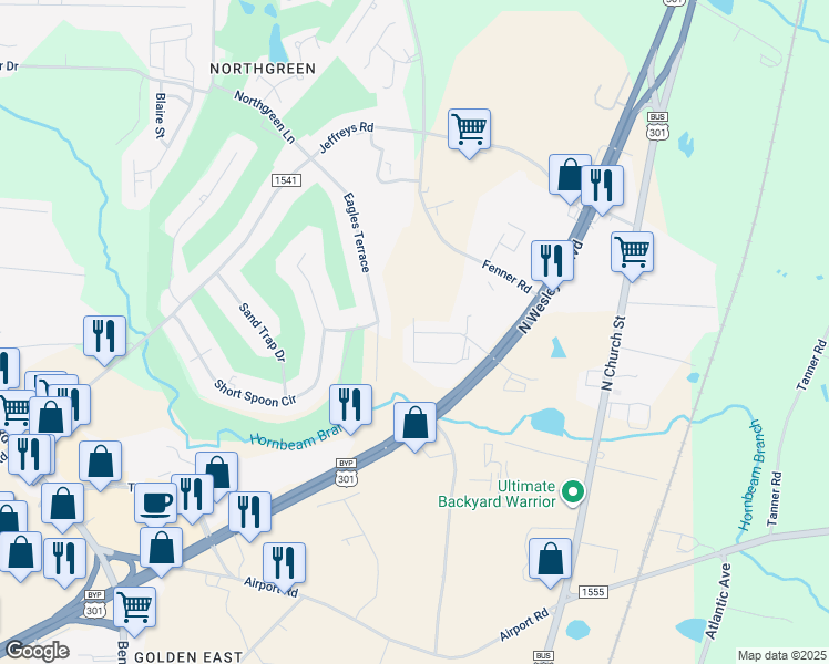 map of restaurants, bars, coffee shops, grocery stores, and more near Harlon Drive in Rocky Mount