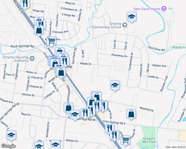map of restaurants, bars, coffee shops, grocery stores, and more near 312 Maple Street in Smyrna