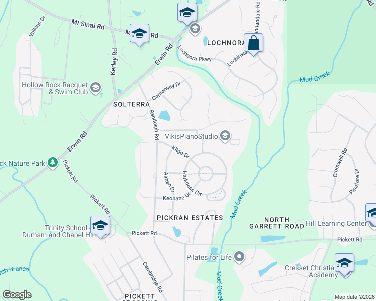 map of restaurants, bars, coffee shops, grocery stores, and more near 3604 Kilgo Drive in Durham