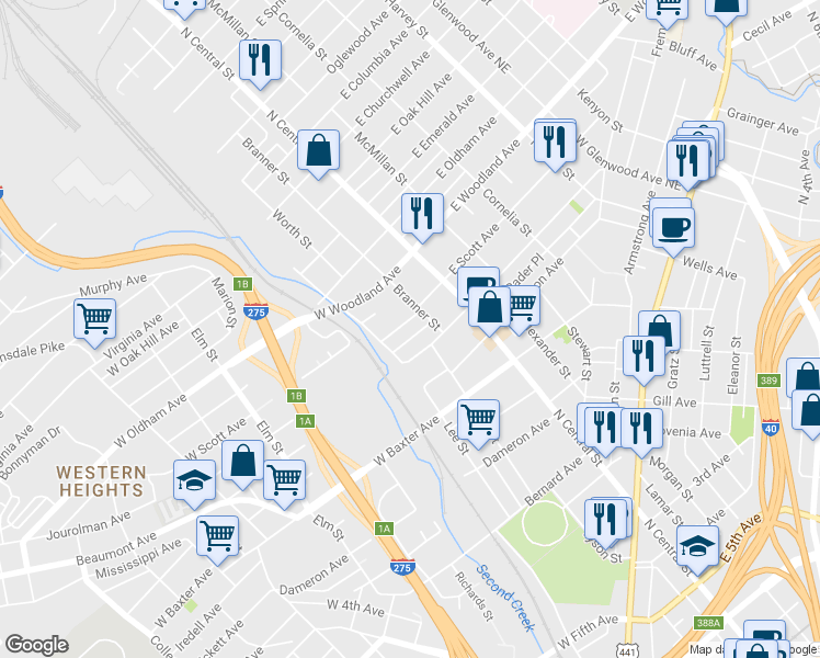 map of restaurants, bars, coffee shops, grocery stores, and more near 214 West Scott Avenue in Knoxville