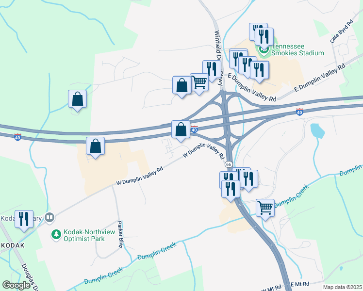 map of restaurants, bars, coffee shops, grocery stores, and more near 3406 Adventure Lane in Kodak