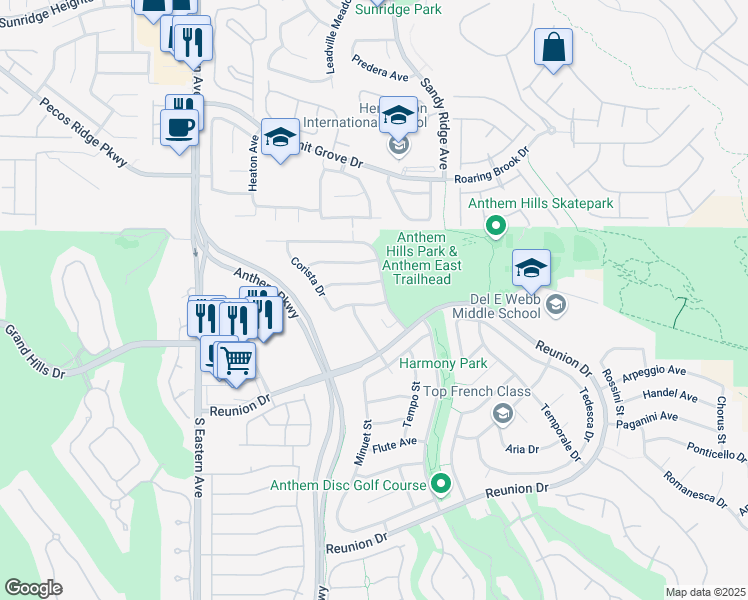 map of restaurants, bars, coffee shops, grocery stores, and more near 2406 Paveene Avenue in Henderson