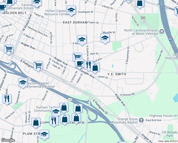 map of restaurants, bars, coffee shops, grocery stores, and more near 311 South Guthrie Avenue in Durham