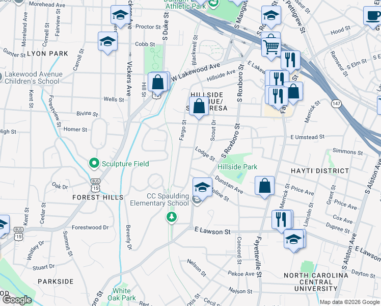 map of restaurants, bars, coffee shops, grocery stores, and more near 1201 Fargo Street in Durham