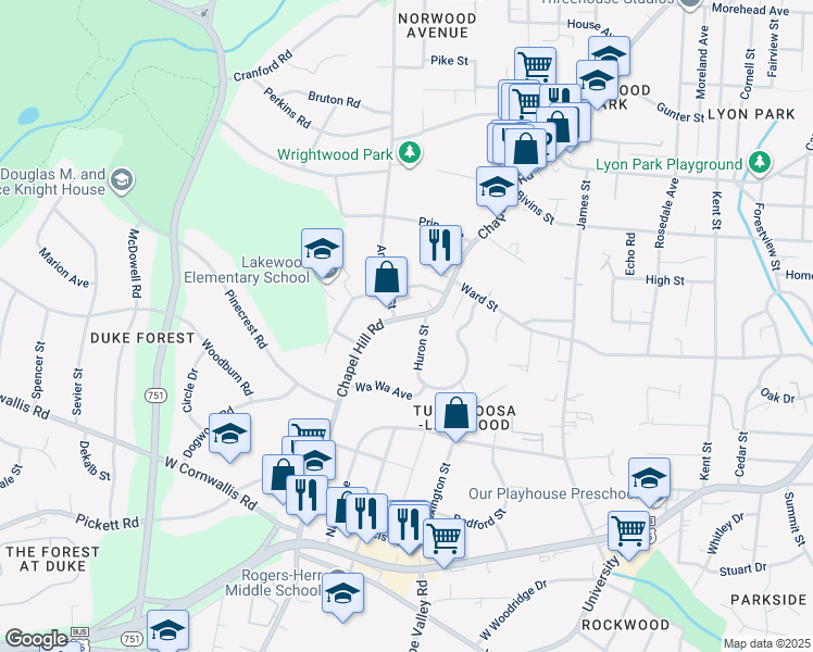 map of restaurants, bars, coffee shops, grocery stores, and more near 2409 Chapel Hill Road in Durham