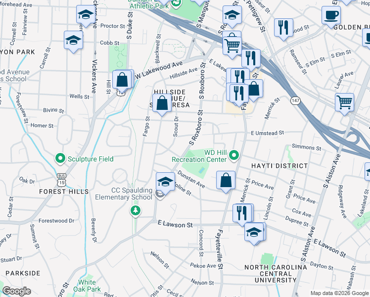 map of restaurants, bars, coffee shops, grocery stores, and more near 1218 South Roxboro Street in Durham