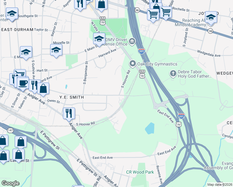 map of restaurants, bars, coffee shops, grocery stores, and more near 620 South Hoover Road in Durham