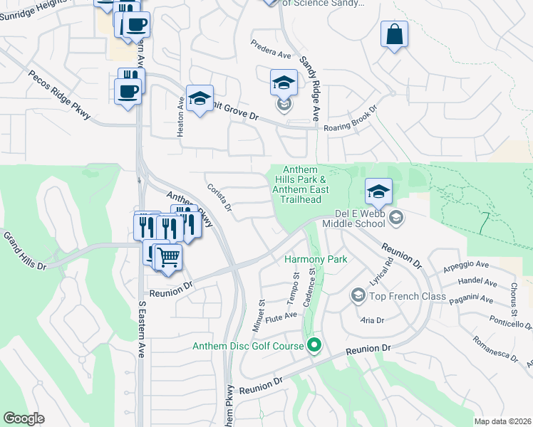 map of restaurants, bars, coffee shops, grocery stores, and more near 2406 Paveene Avenue in Henderson