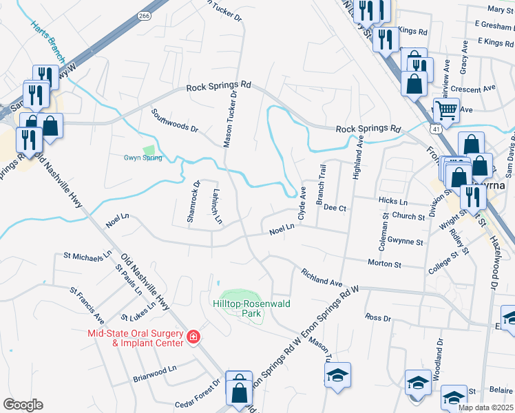 map of restaurants, bars, coffee shops, grocery stores, and more near 102 Vernon Traylor Drive in Smyrna