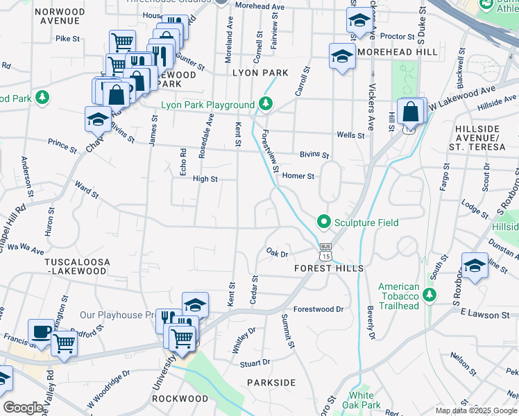 map of restaurants, bars, coffee shops, grocery stores, and more near 1044 Westwood Drive in Durham