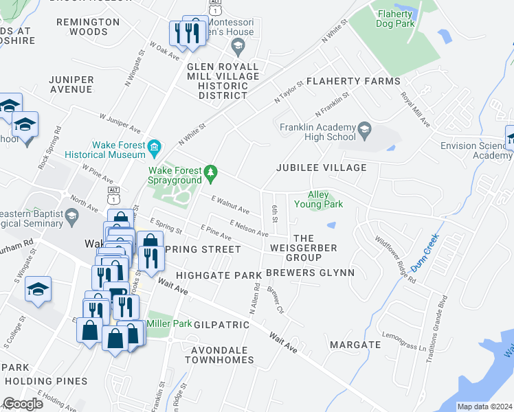 map of restaurants, bars, coffee shops, grocery stores, and more near 419 North Allen Road in Wake Forest