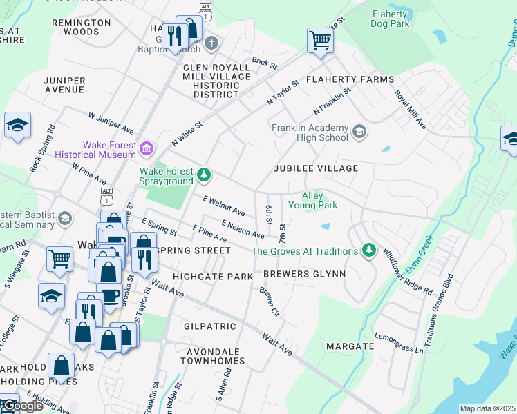 map of restaurants, bars, coffee shops, grocery stores, and more near 418 North Allen Road in Wake Forest
