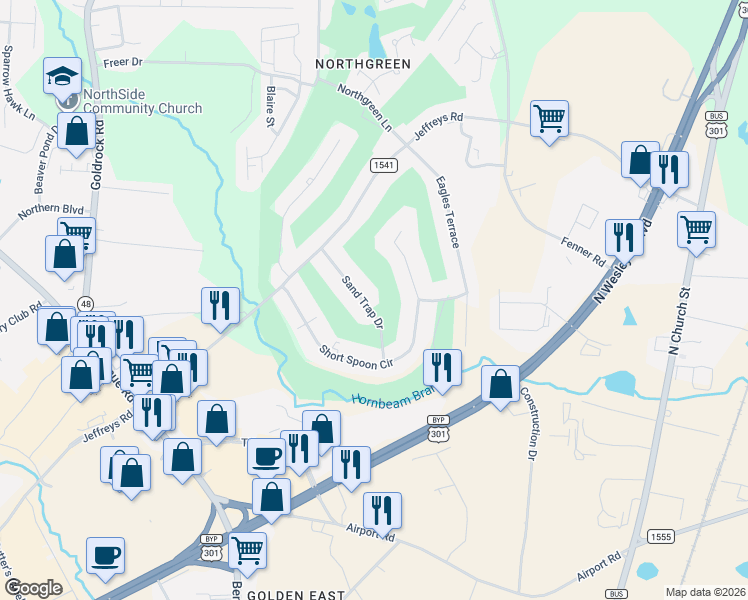 map of restaurants, bars, coffee shops, grocery stores, and more near 621 Sand Trap Drive in Rocky Mount