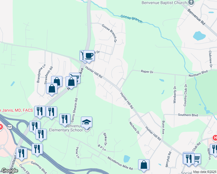 map of restaurants, bars, coffee shops, grocery stores, and more near 2337 Hunter Hill Road in Rocky Mount