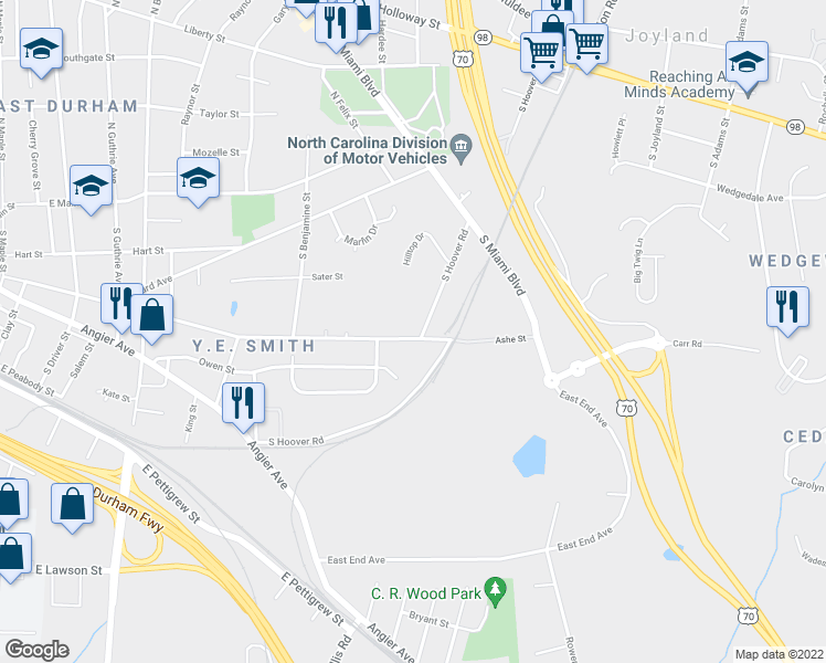 map of restaurants, bars, coffee shops, grocery stores, and more near 620 South Hoover Road in Durham