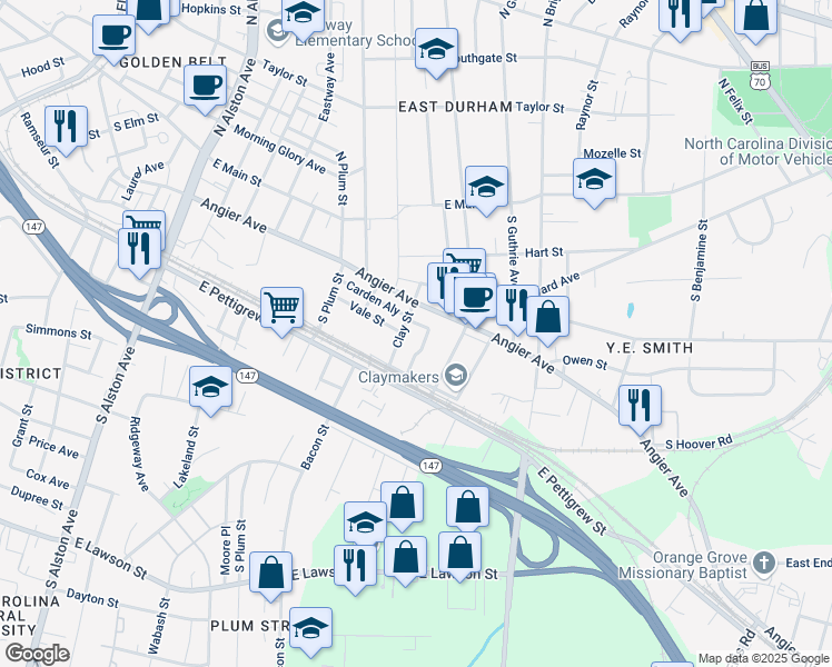 map of restaurants, bars, coffee shops, grocery stores, and more near 1817 Vale Street in Durham