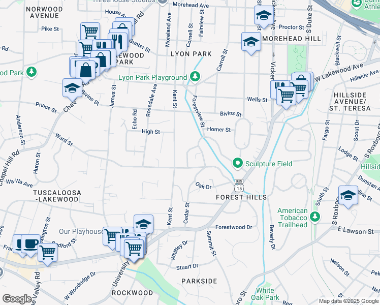 map of restaurants, bars, coffee shops, grocery stores, and more near 1044 Westwood Drive in Durham