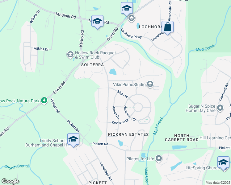 map of restaurants, bars, coffee shops, grocery stores, and more near 3701 Kilgo Drive in Durham