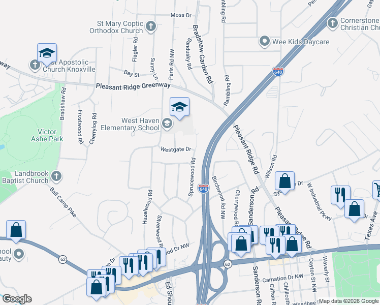 map of restaurants, bars, coffee shops, grocery stores, and more near 4100 Westgate Drive in Knoxville