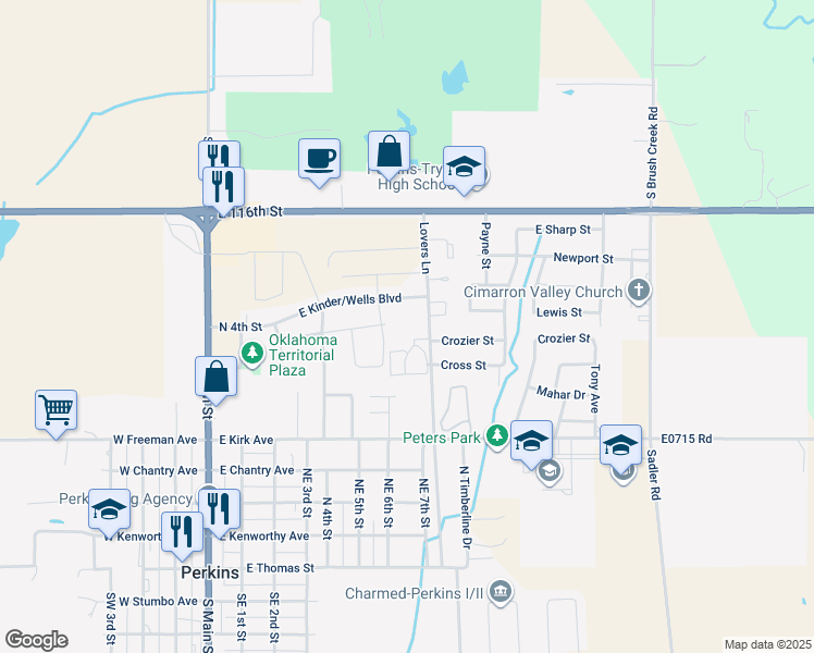 map of restaurants, bars, coffee shops, grocery stores, and more near 614 East Kinder/Wells Boulevard in Perkins