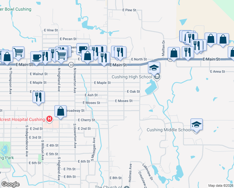 map of restaurants, bars, coffee shops, grocery stores, and more near 1425 East Oak Street in Cushing