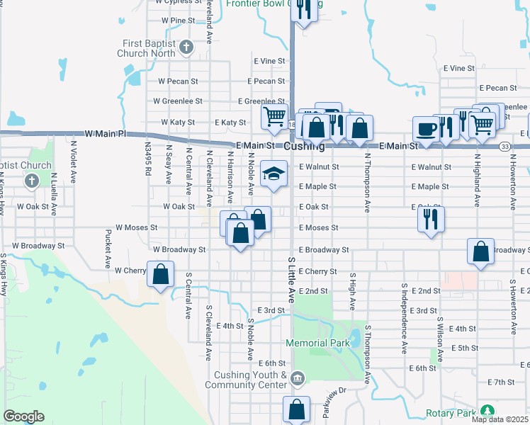 map of restaurants, bars, coffee shops, grocery stores, and more near 215 North Steele Avenue in Cushing