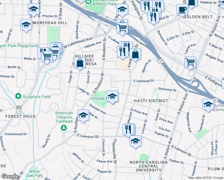 map of restaurants, bars, coffee shops, grocery stores, and more near 1215 Sawyer Street in Durham