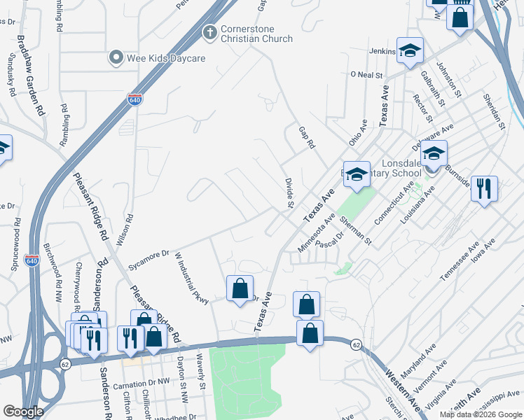 map of restaurants, bars, coffee shops, grocery stores, and more near 3300 Bishop Street Northwest in Knoxville