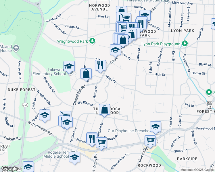 map of restaurants, bars, coffee shops, grocery stores, and more near 2312 Huron Street in Durham