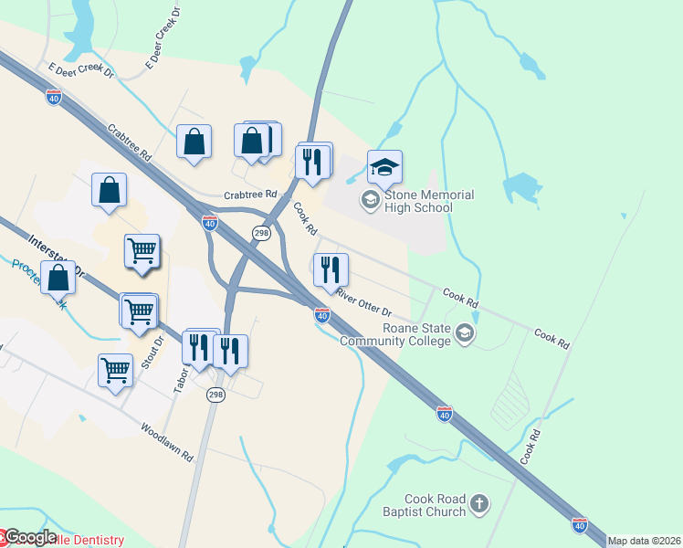 map of restaurants, bars, coffee shops, grocery stores, and more near in Crossville