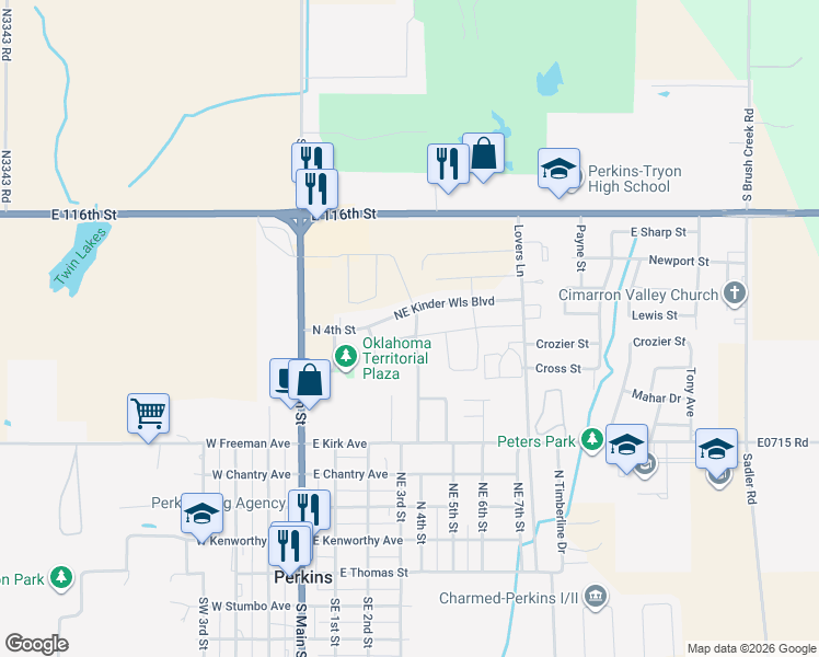 map of restaurants, bars, coffee shops, grocery stores, and more near 413 East Pams Drive in Perkins
