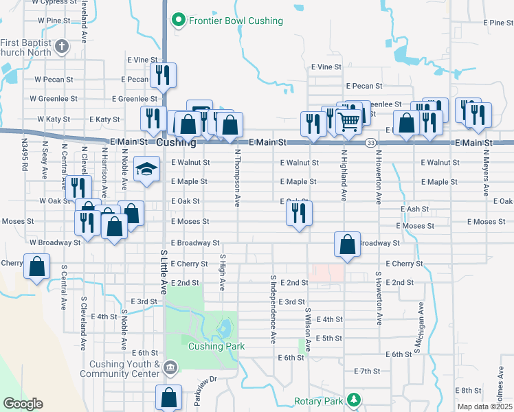 map of restaurants, bars, coffee shops, grocery stores, and more near 825 East Oak Street in Cushing