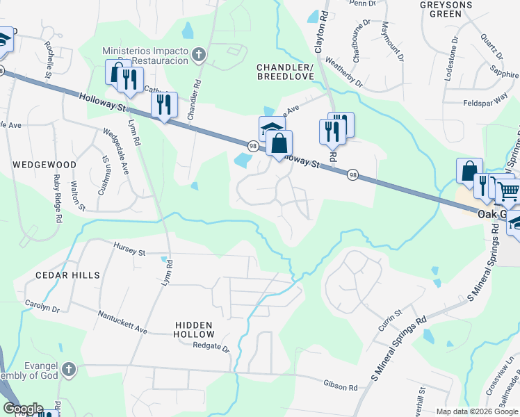 map of restaurants, bars, coffee shops, grocery stores, and more near 414 Ganyard Farm Way in Durham