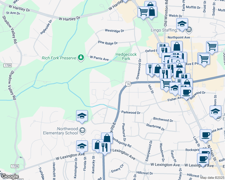 map of restaurants, bars, coffee shops, grocery stores, and more near 915 Flicker Lane in High Point
