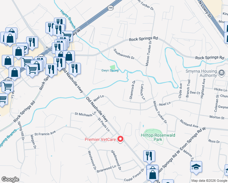 map of restaurants, bars, coffee shops, grocery stores, and more near 500 Noel Lane in Smyrna