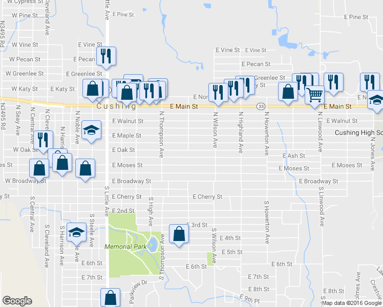 map of restaurants, bars, coffee shops, grocery stores, and more near 901 East Oak Street in Cushing