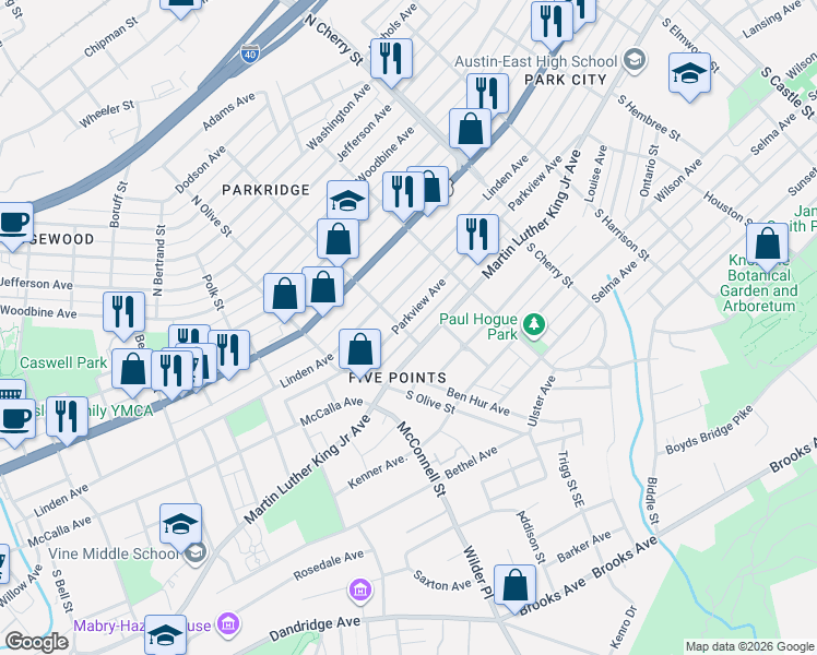 map of restaurants, bars, coffee shops, grocery stores, and more near 2401 Parkview Avenue in Knoxville