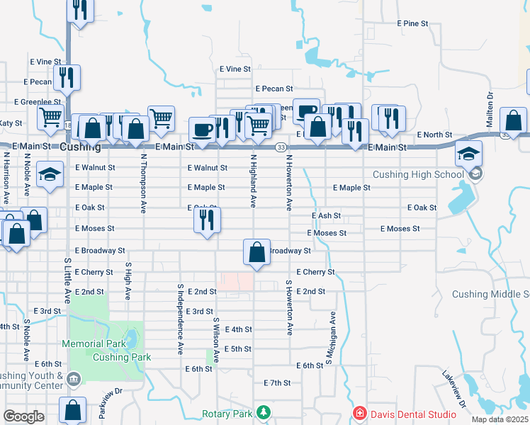 map of restaurants, bars, coffee shops, grocery stores, and more near 1107 East Oak Street in Cushing
