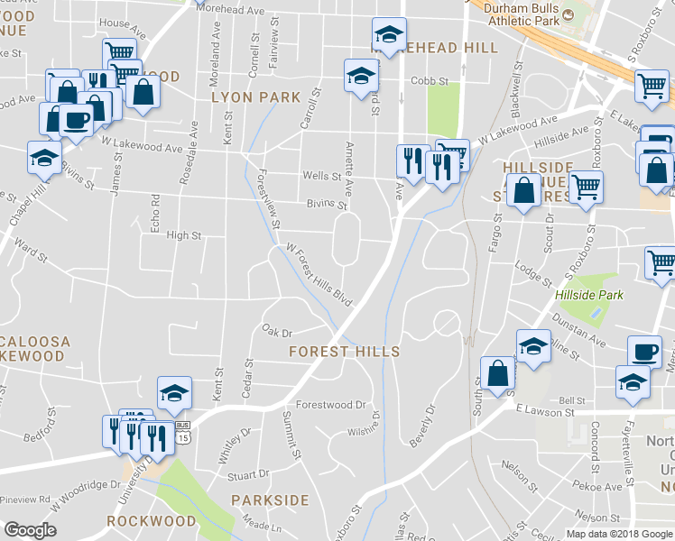 map of restaurants, bars, coffee shops, grocery stores, and more near 1528 Hermitage Court in Durham