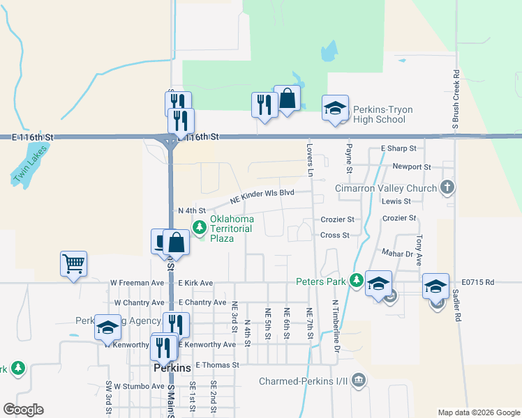 map of restaurants, bars, coffee shops, grocery stores, and more near 506 East Pams Drive in Perkins