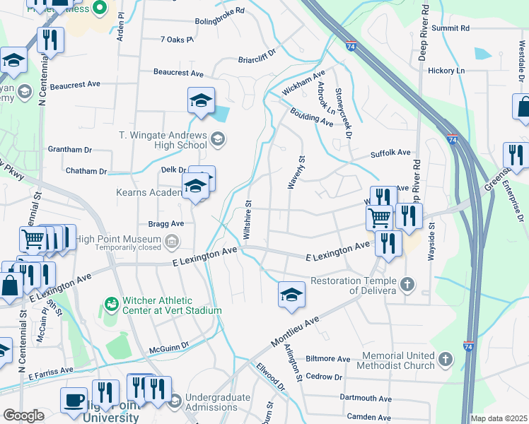 map of restaurants, bars, coffee shops, grocery stores, and more near 1507 Carolina Street in High Point