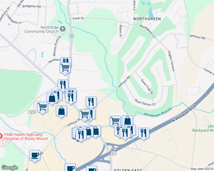 map of restaurants, bars, coffee shops, grocery stores, and more near 1006 Jeffreys Court in Rocky Mount