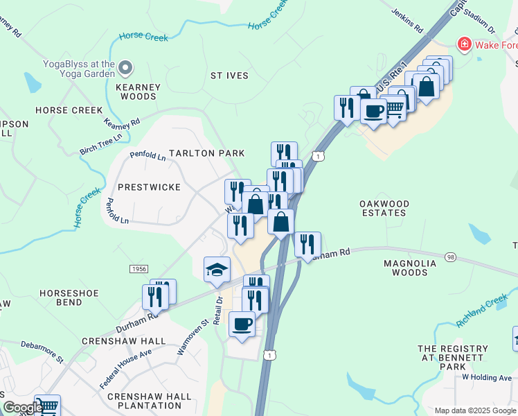 map of restaurants, bars, coffee shops, grocery stores, and more near 12295 Capital Boulevard in Wake Forest