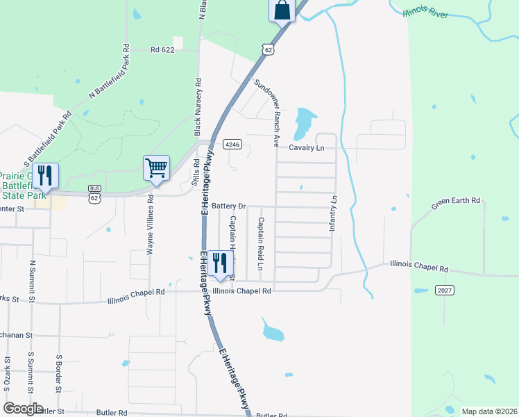 map of restaurants, bars, coffee shops, grocery stores, and more near 1160 Battery Drive in Prairie Grove