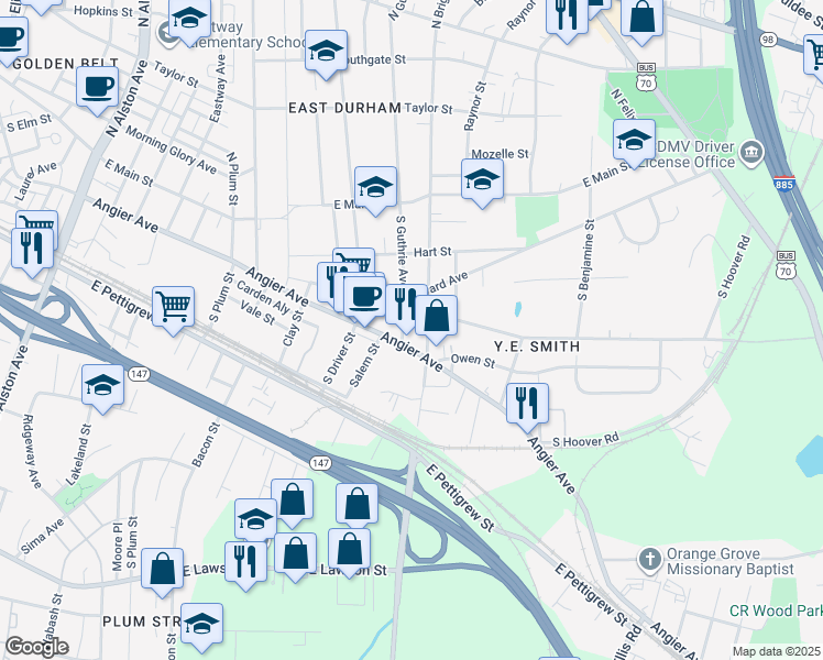 map of restaurants, bars, coffee shops, grocery stores, and more near 309 South Guthrie Avenue in Durham