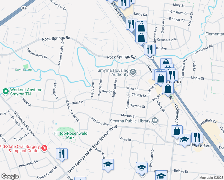 map of restaurants, bars, coffee shops, grocery stores, and more near 401 Highland Avenue in Smyrna
