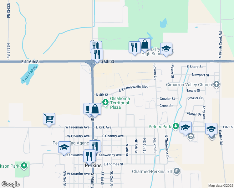 map of restaurants, bars, coffee shops, grocery stores, and more near 406 East Kinder/Wells Boulevard in Perkins